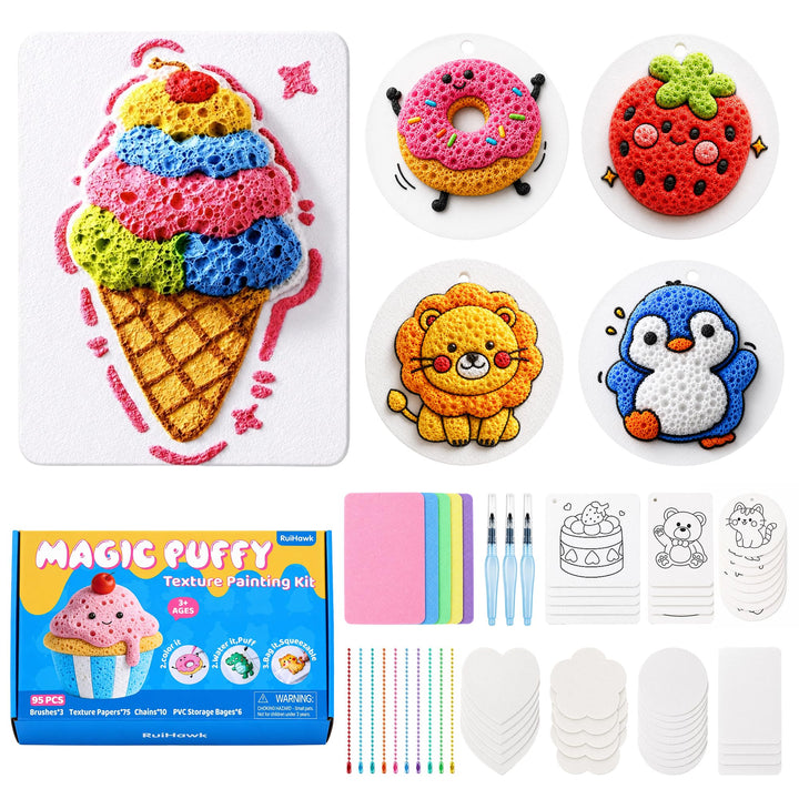 95 Pcs Magic Puffy Paint Nachfüllset – 75 Blätter 3D Schaumtextur, 3 Wasserpinsel, 10 Schlüsselanhän