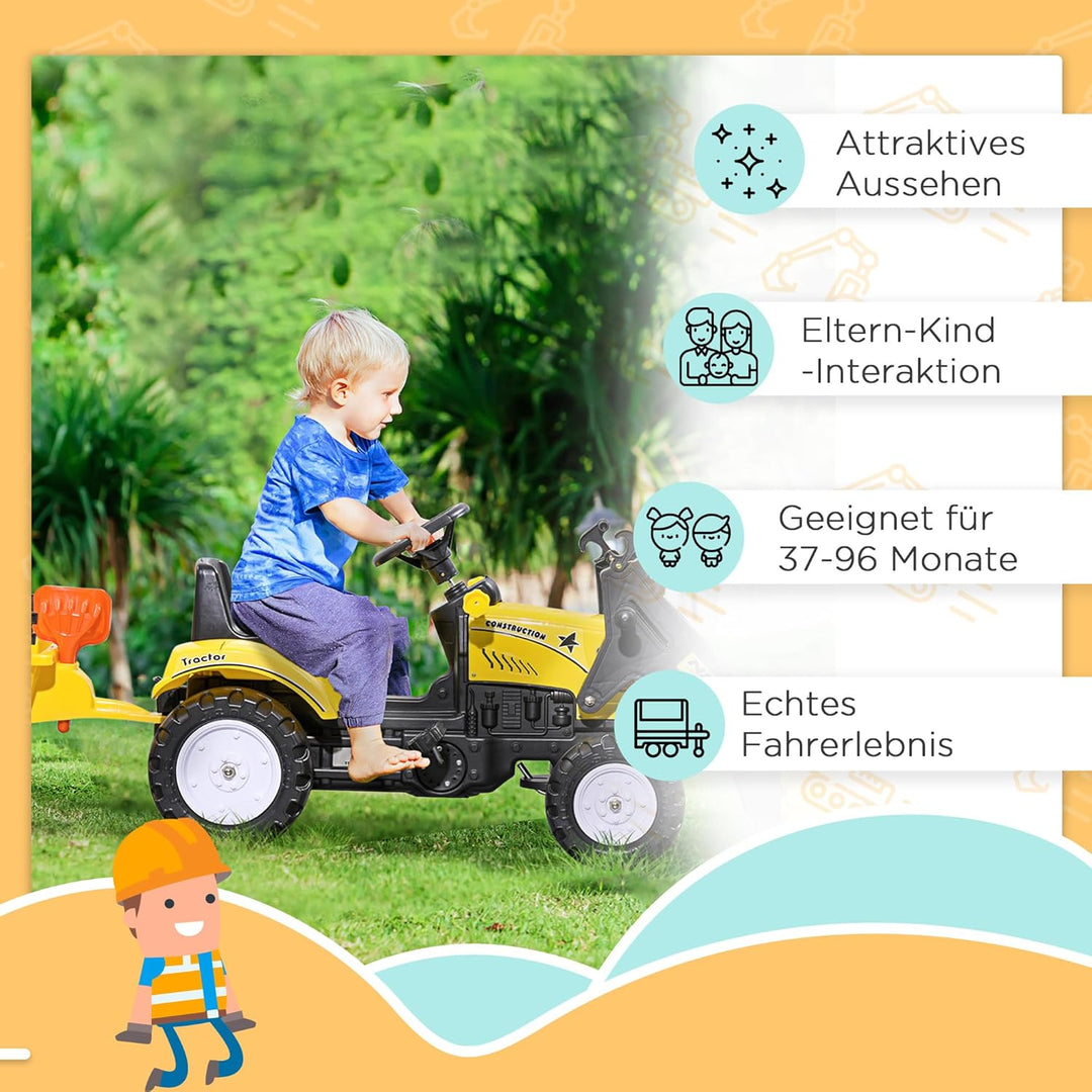 HOMCOM Trettraktor mit Anhänger Verstellbarer Schaufel Lader Traktor Tretfahrzeug für Kinder ab 3 Ja
