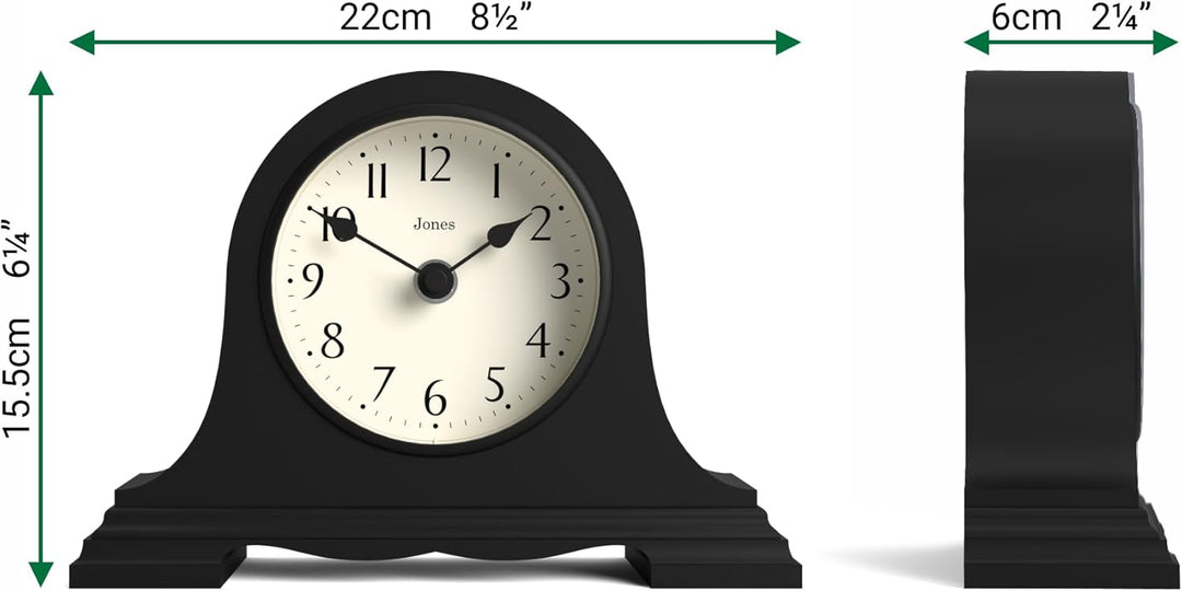 JONES CLOCKS® Speakeasy klein kaminuhr | Klassisches Design des napoleonhutes | Schwarz | Zeitgenöss