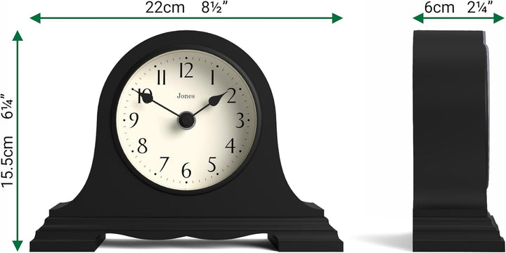 JONES CLOCKS® Speakeasy klein kaminuhr | Klassisches Design des napoleonhutes | Schwarz | Zeitgenöss