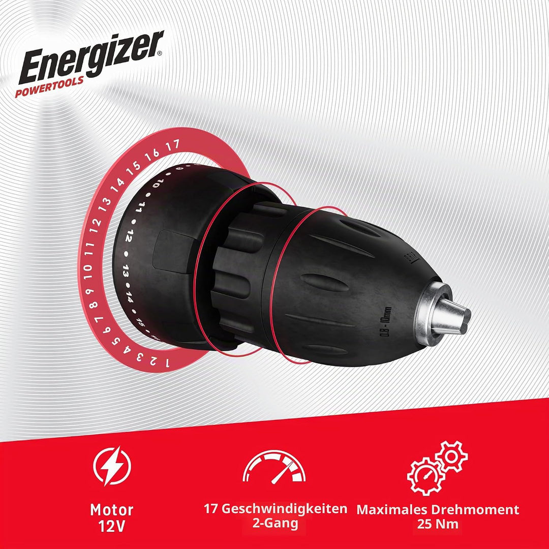 Energizer 12-V-Akkuschrauber – Eingebauter Akku – 25 Nm – 10-mm-Bohrfutter – 1,5 m USB-A/USB-C-Kabel