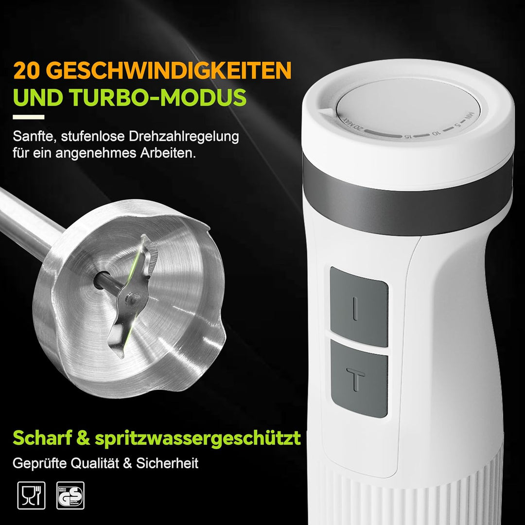 Ribelli Elektrischer Stabmixer Set 1200 W, 5-in-1 Pürierstab, Hand Blender mit 20 Geschwindigkeitsst
