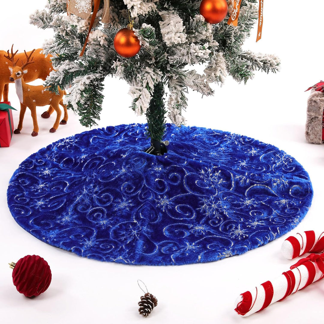 KONVINIT Blau Weihnachtsbaumdecke Plüsch Christmasbaumdecke Kunstfell Weihnachtsbaumteppich Rund Wei