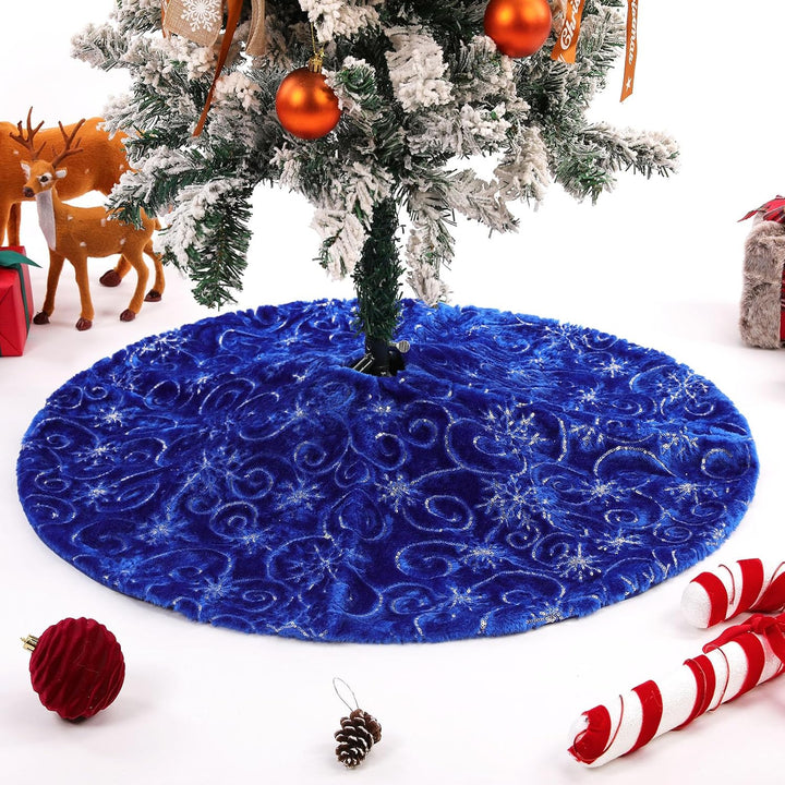 KONVINIT Blau Weihnachtsbaumdecke Plüsch Christmasbaumdecke Kunstfell Weihnachtsbaumteppich Rund Wei