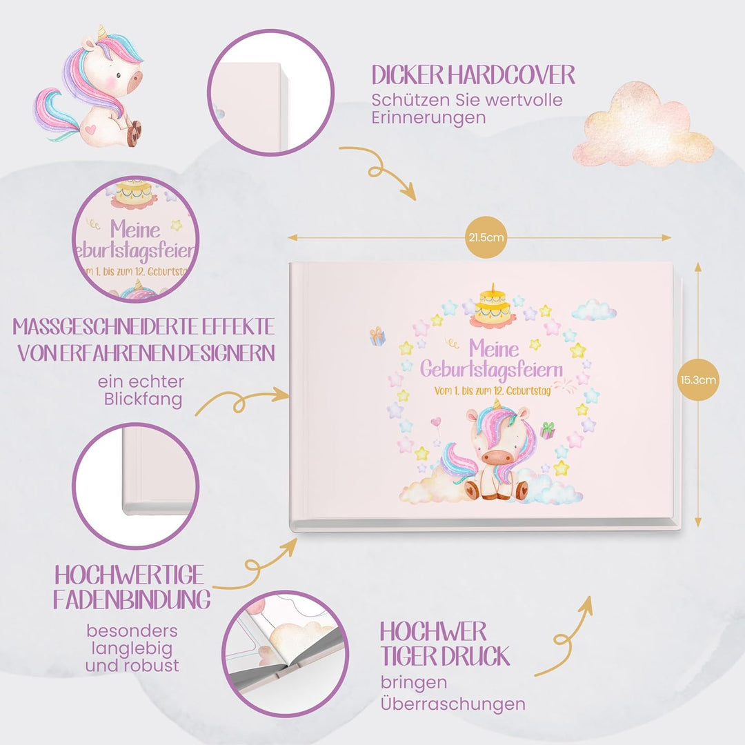 Geburtstagsbuch Erinnerungsalbum mit Aufklebern | Meine Kindergeburtstage von 1 bis 12 Fotobuch Albu