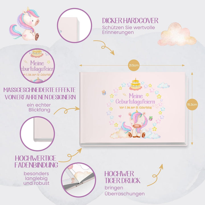 Geburtstagsbuch Erinnerungsalbum mit Aufklebern | Meine Kindergeburtstage von 1 bis 12 Fotobuch Albu