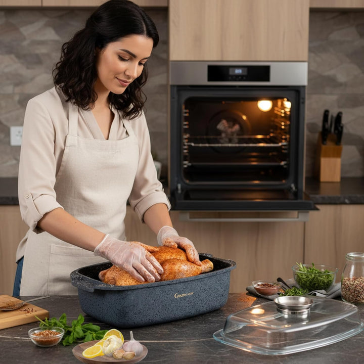 GOLDMANN Premium Bräter 32 CM – 5.5L – Aluminiumguss, Induktion, Antihaft-Marmor-Beschichtung – Aufl