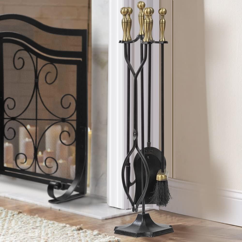 Amagabeli 5 Stück Kaminwerkzeuge Sets Messinggriffe Schmiedeeisen Set und Halter Indoor Outdoor Feue