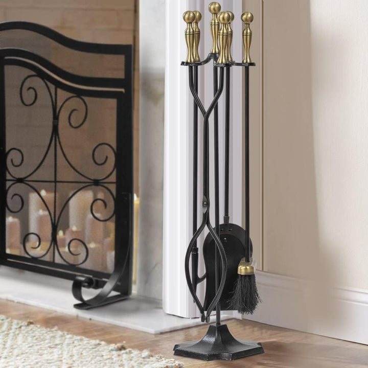 Amagabeli 5 Stück Kaminwerkzeuge Sets Messinggriffe Schmiedeeisen Set und Halter Indoor Outdoor Feue