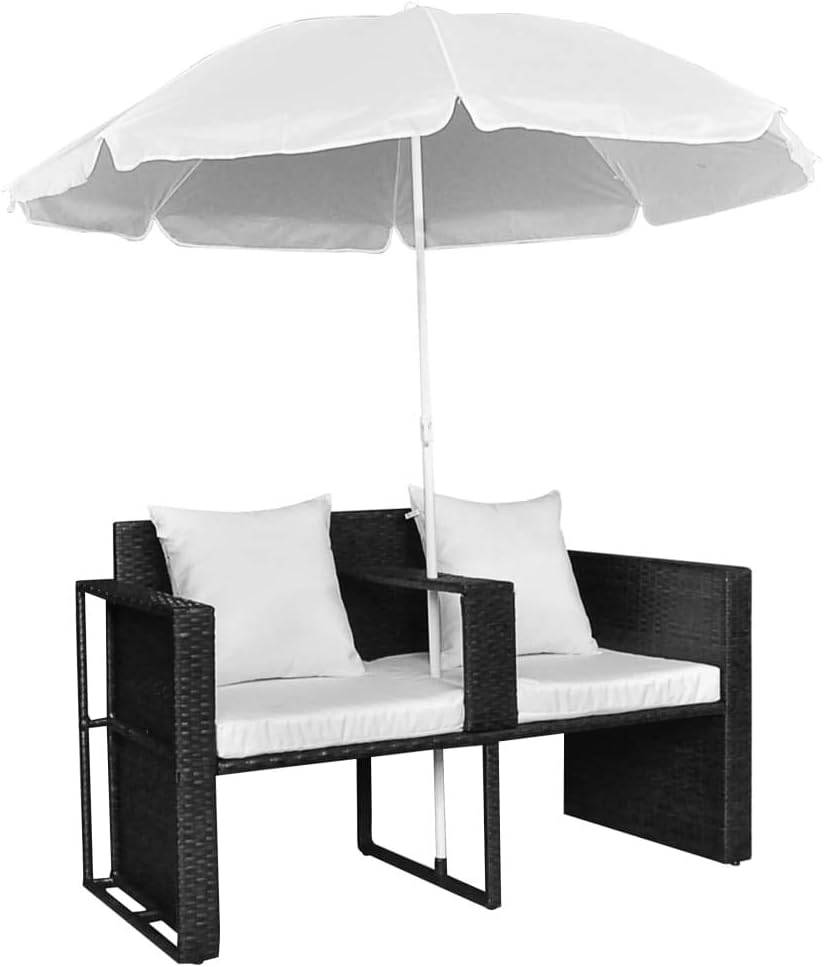 TEWTX7 Outdoor Poly Rattan Gartensofa 2-Sitzer mit Sonnenschirm Gartenmoebel Sonneninsel Rattansofa