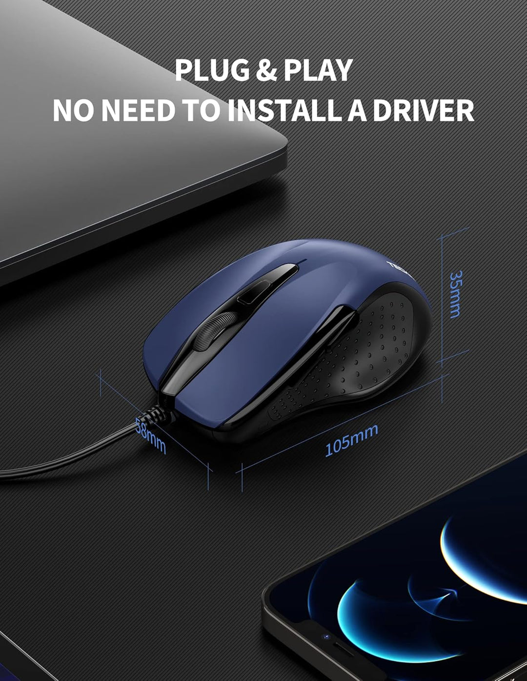 TECKNET Maus mit Kabel, Optical Business Mouse Verdrahtete Ergonomische Maus mit 6 Tasten, 2 Verstel