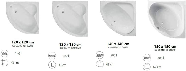 BADLAND Badewanne Original Weiss Acryl Wanne Eckbadewanne STANDARD 130x130 KOMPLETTSET SET mit Weiss