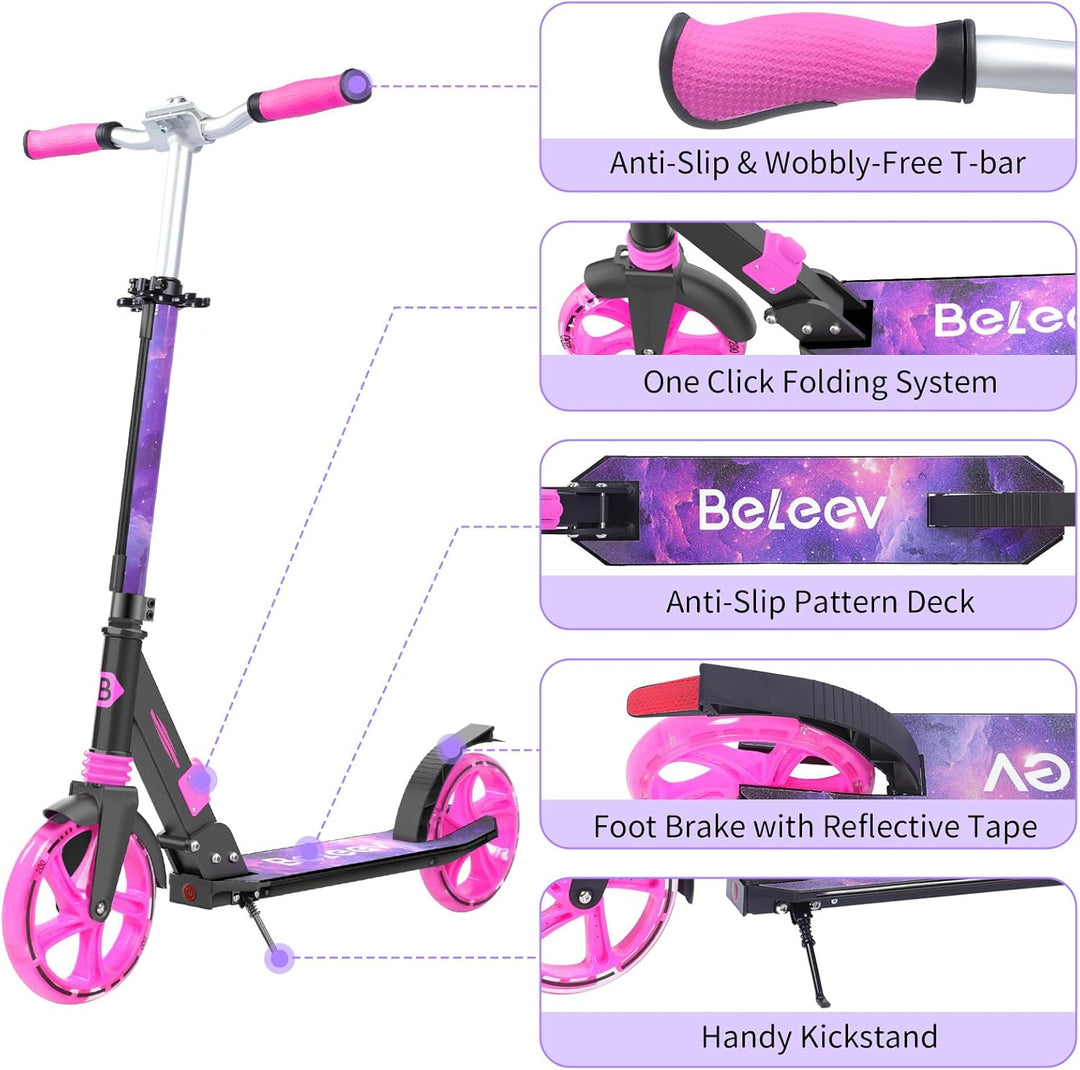 BELEEV V8 Big Wheel Scooter mit LED Leuchtenden Lenksäule &Deck, Höhenverstellbar, ABEC-9, 200mm Räd