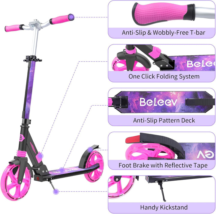 BELEEV V8 Big Wheel Scooter mit LED Leuchtenden Lenksäule &Deck, Höhenverstellbar, ABEC-9, 200mm Räd