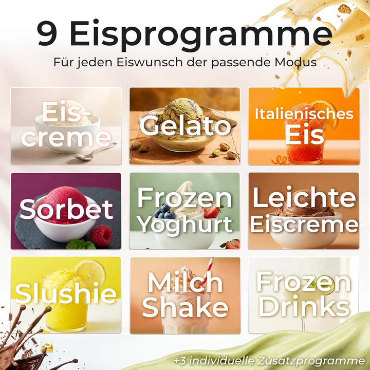KLAMER Eismaschine, 12 Programme für Eiscreme, Gelato, Sorbet, Frozen Yogurt, Slushie & Milkshake, M