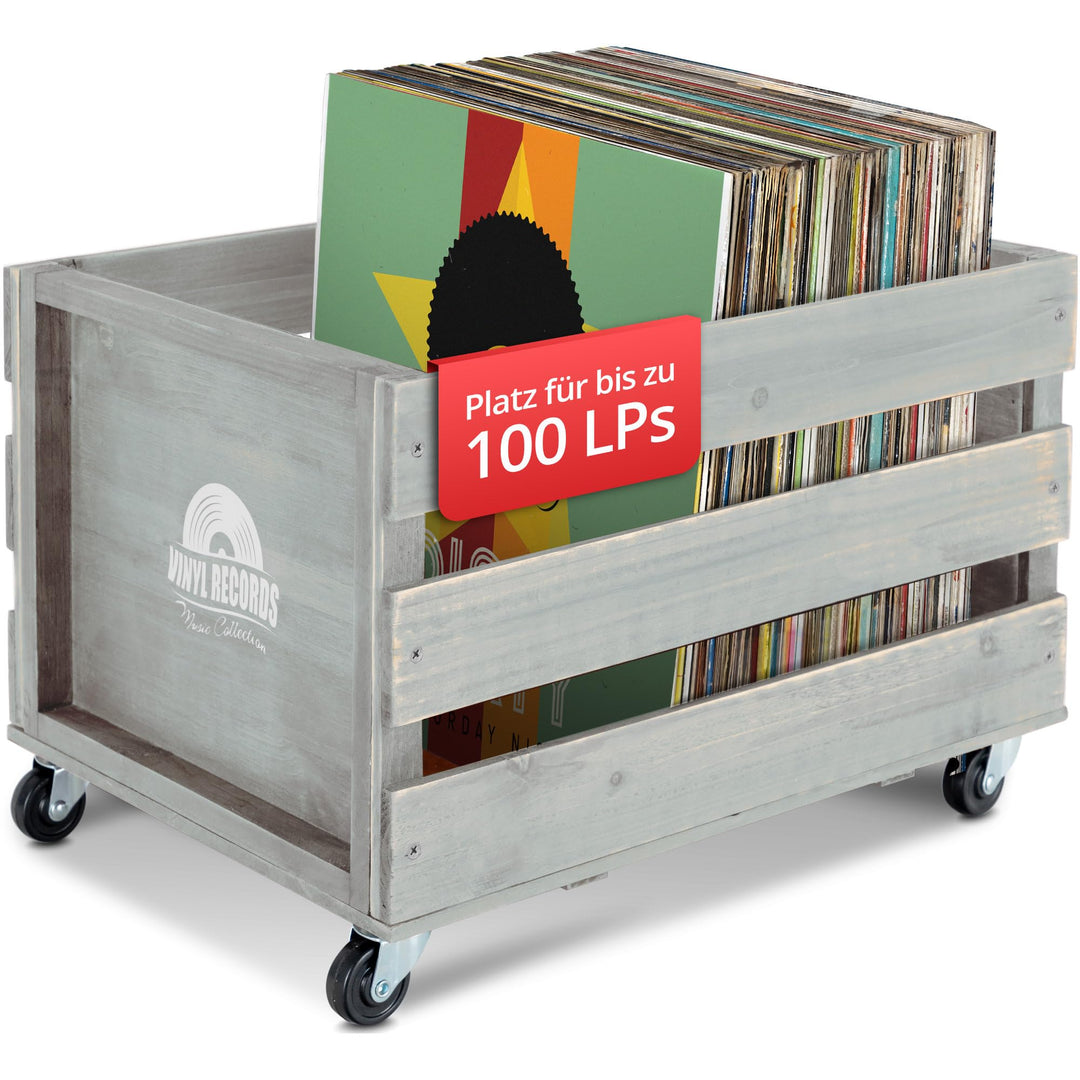 Stagecaptain SPK-100 GY Schallplattenkiste “Emil” - Aufbewahrungsbox für bis zu 100 LPs - aus Vollho