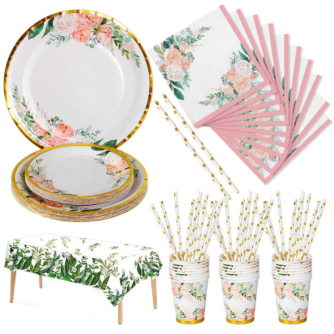 Nkaiso Blumen Partygeschirr Set 126 Stück Party Geschirrset mit Blumen Pappteller, Pappbecher, Servi