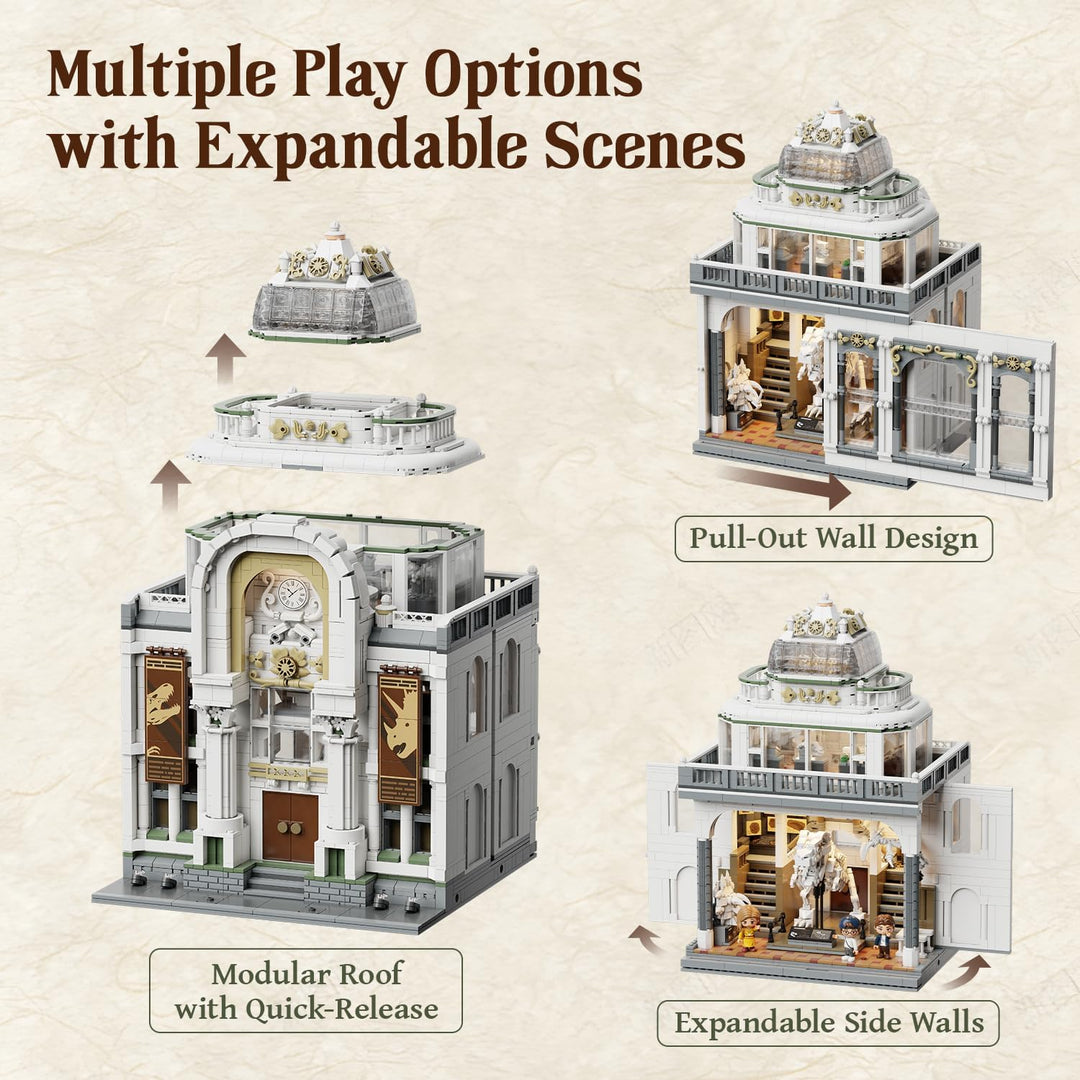 PANTASY Dinosaurier Museum Klemmbaustein Set, Barockes Architekturmodell mit Erweiterbaren Ausstellu