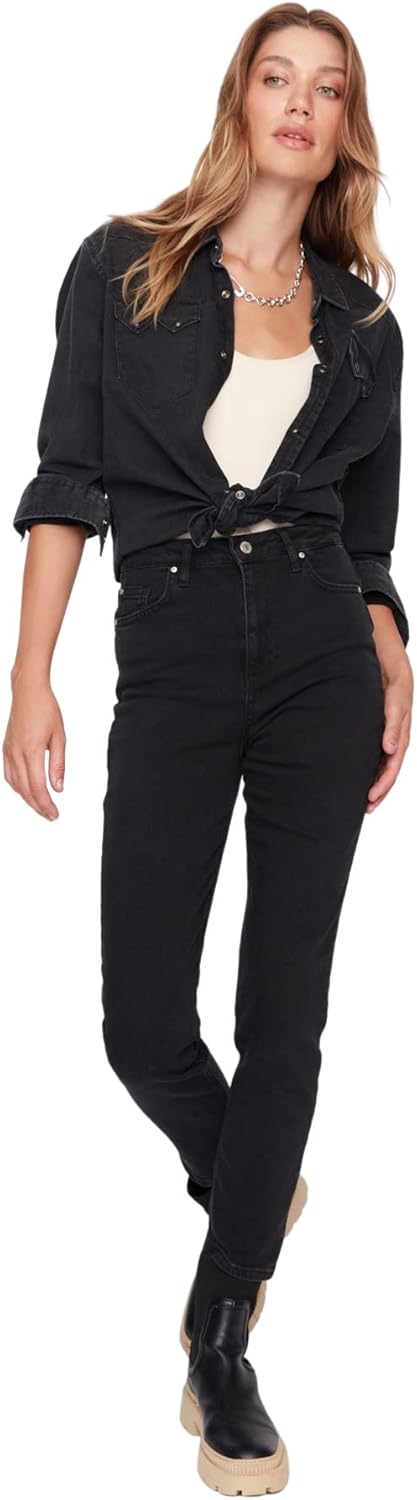 TRENDYOL Damen Herren Basic Hoher Bund Slim Jeans 34 Schwarz, 34 Schwarz