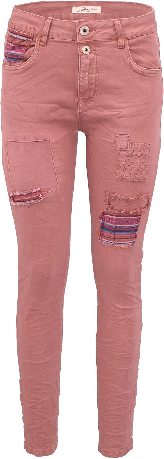 Jewelly Damen Stretch Boyfriend Jeans - Patches Aufnäher - Five-Pocket im Crash-Look, Beere