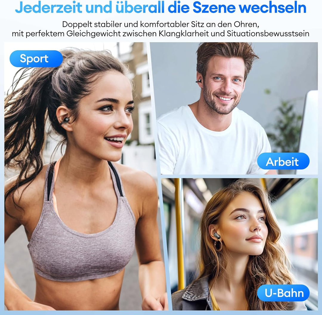 PAXA 2-in-1 Doppel-Set Clip On Kopfhörer Open Ear Kopfhörer Bluetooth 6.0 0ms Verzögerung, 140H Spie