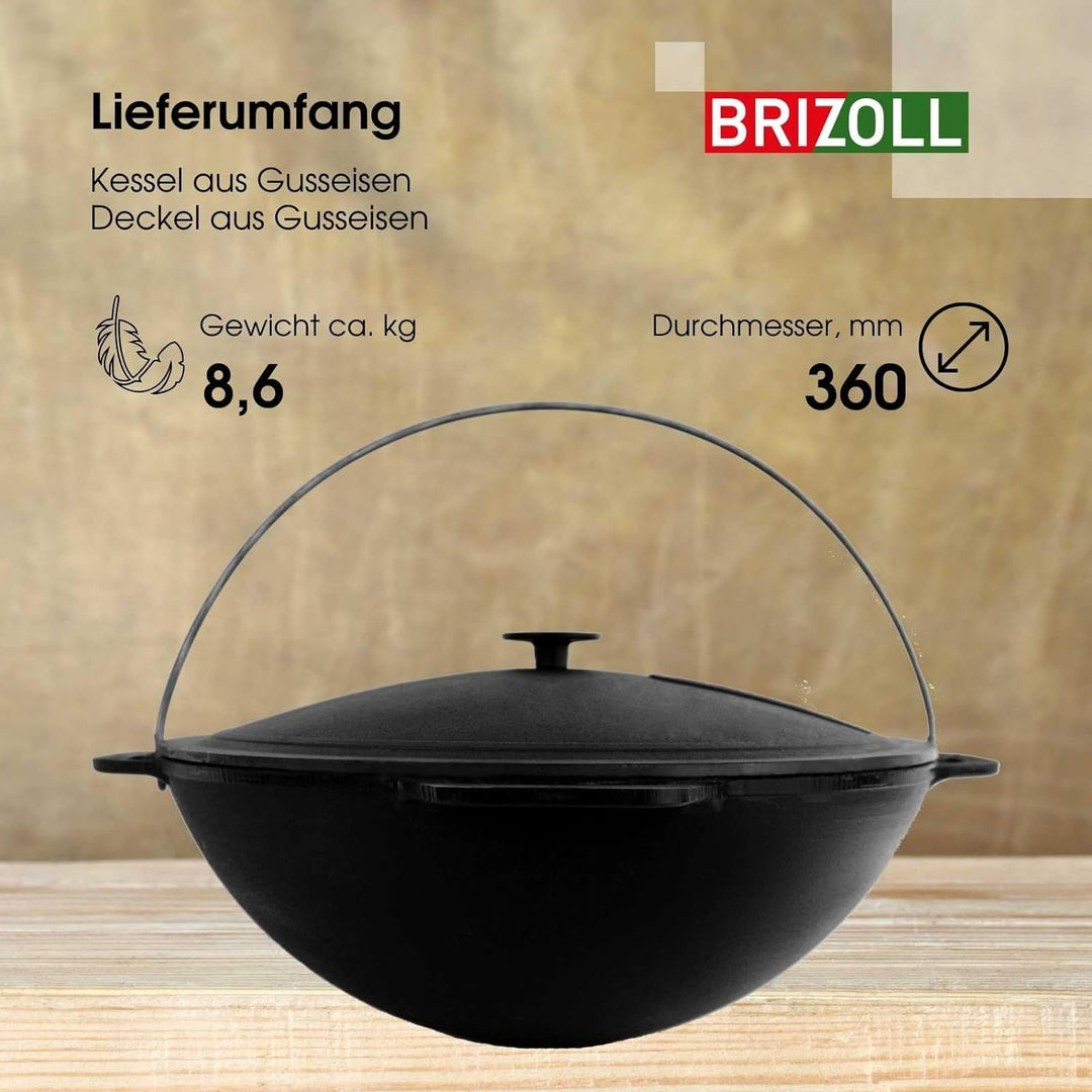 4BIG.fun Schwenktopf Kazan 8 L Camping Gusseisen mit Bügel und Deckel + Schaumkelle Bräter Tatarskij