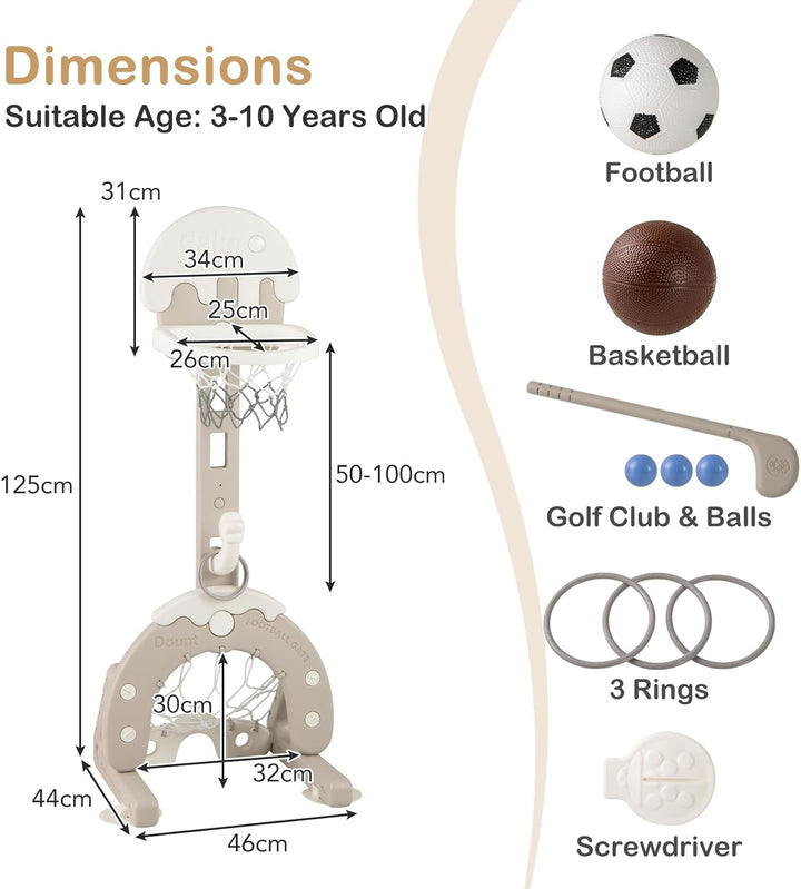 HOMASIS 4 in 1 Kinder Basketballkorb Set, multifunktional Basketballständer mit Fussballtor & Golf &