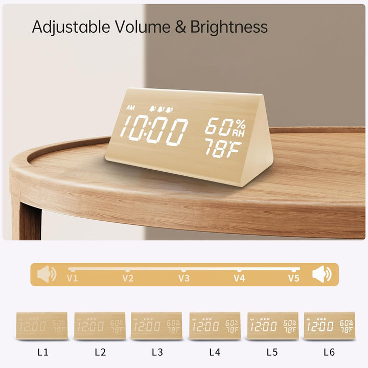 Digitaler Wecker, mit elektronischer Holz-LED-Zeitanzeige, 3 Alarmeinstellungen, Luftfeuchtigkeit un
