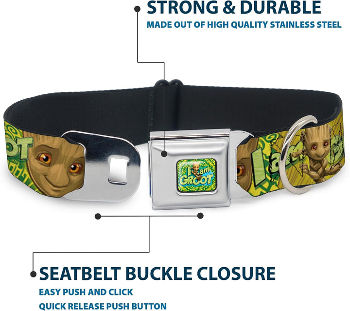 Buckle-Down Hundehalsband, Sicherheitsgurt-Schnalle, Baby-Groot-Gesicht, I Am Groot, Braun, Grün, Ge