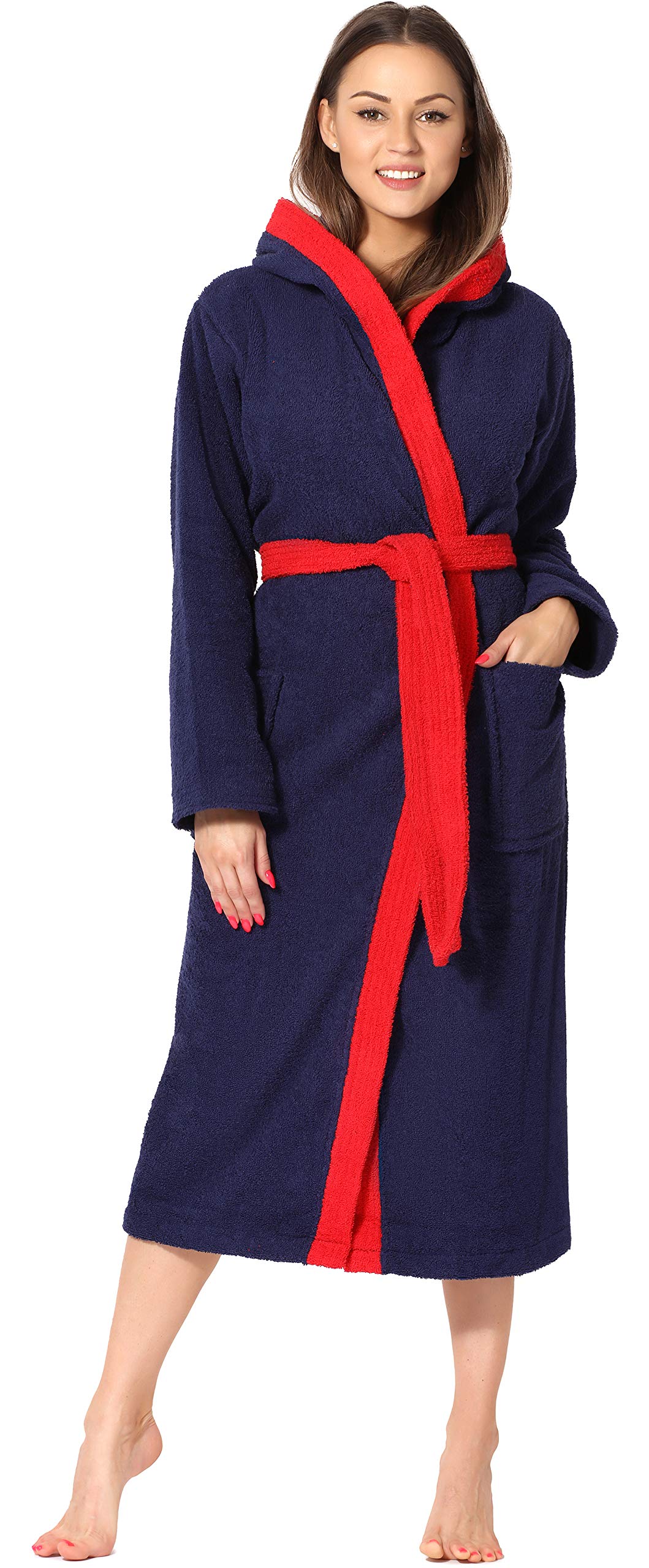 Ladeheid Damen Frottee Bademantel mit Kapuze aus 100% Baumwolle LA40-102 S Dunkelblau-29/Rot-26, S D