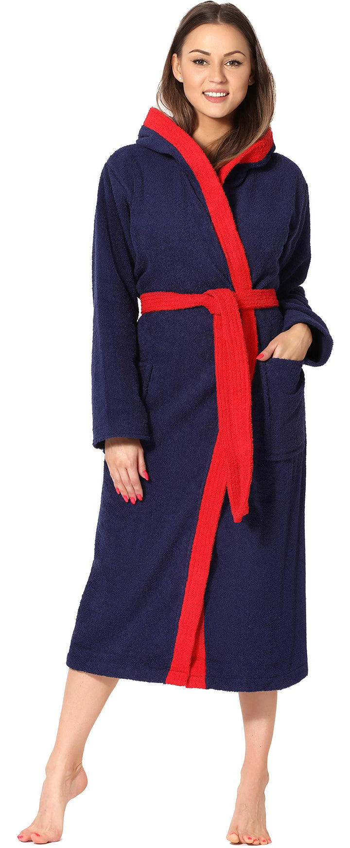 Ladeheid Damen Frottee Bademantel mit Kapuze aus 100% Baumwolle LA40-102 S Dunkelblau-29/Rot-26, S D