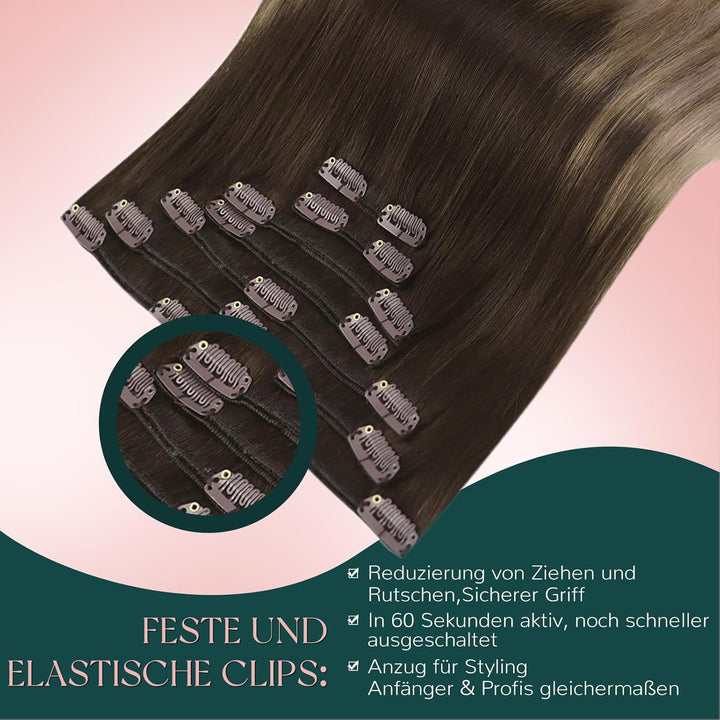Easyouth Clip in Echthaar Extensions Braun Ombre Extensions Echthaar Clip in Dunkelbraun Balayage Mi