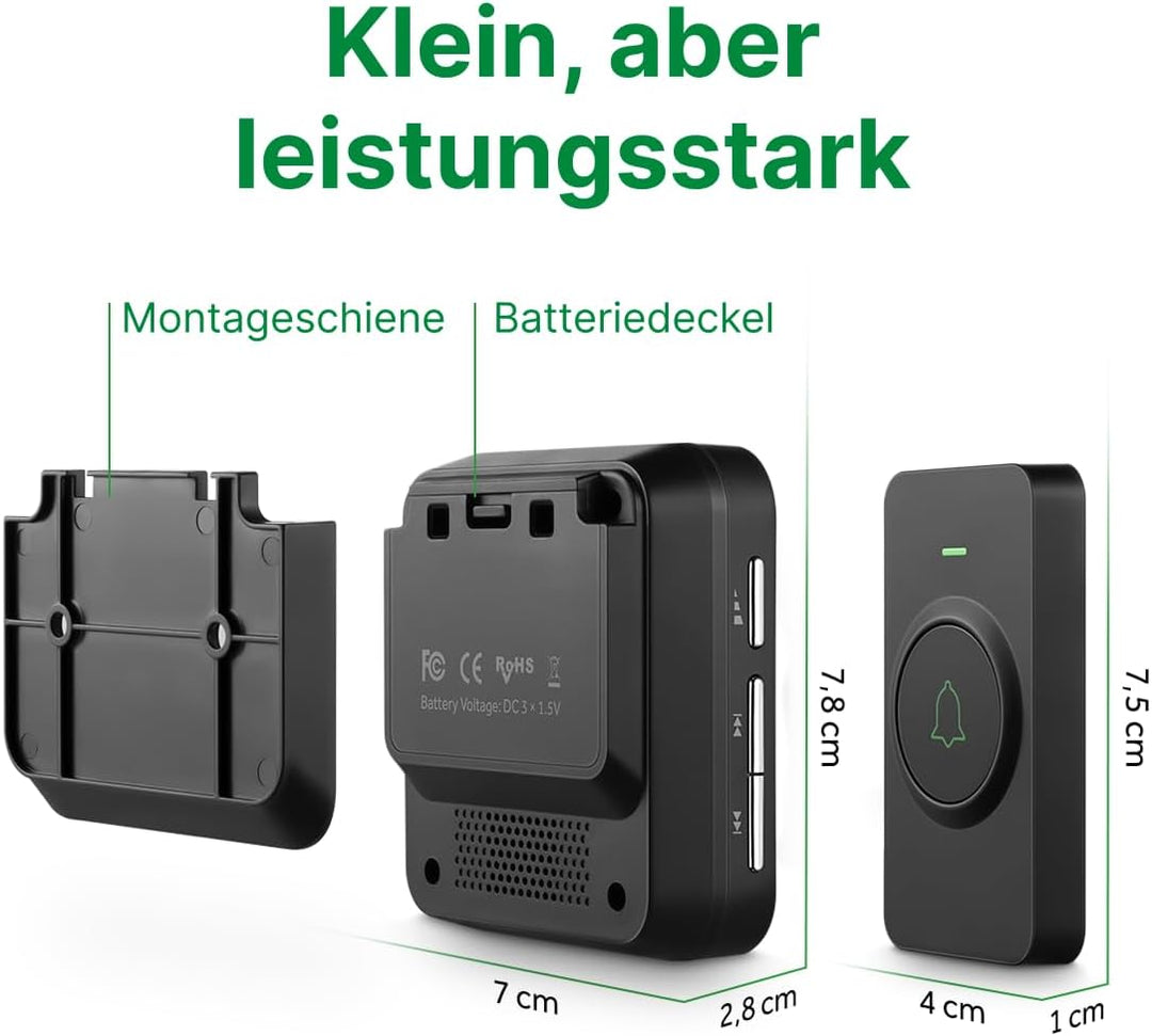 AVANTEK Kabellose Türklingel Batteriebetrieben, Mini Funkklingel 300M mit 2 Empfänger, IP55 Wasserdi