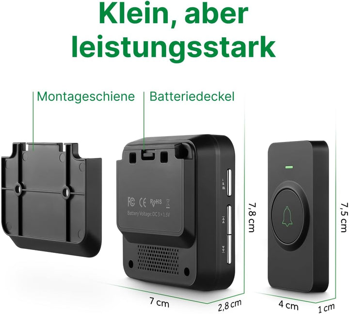 AVANTEK Kabellose Türklingel Batteriebetrieben, Mini Funkklingel 300M mit 2 Empfänger, IP55 Wasserdi