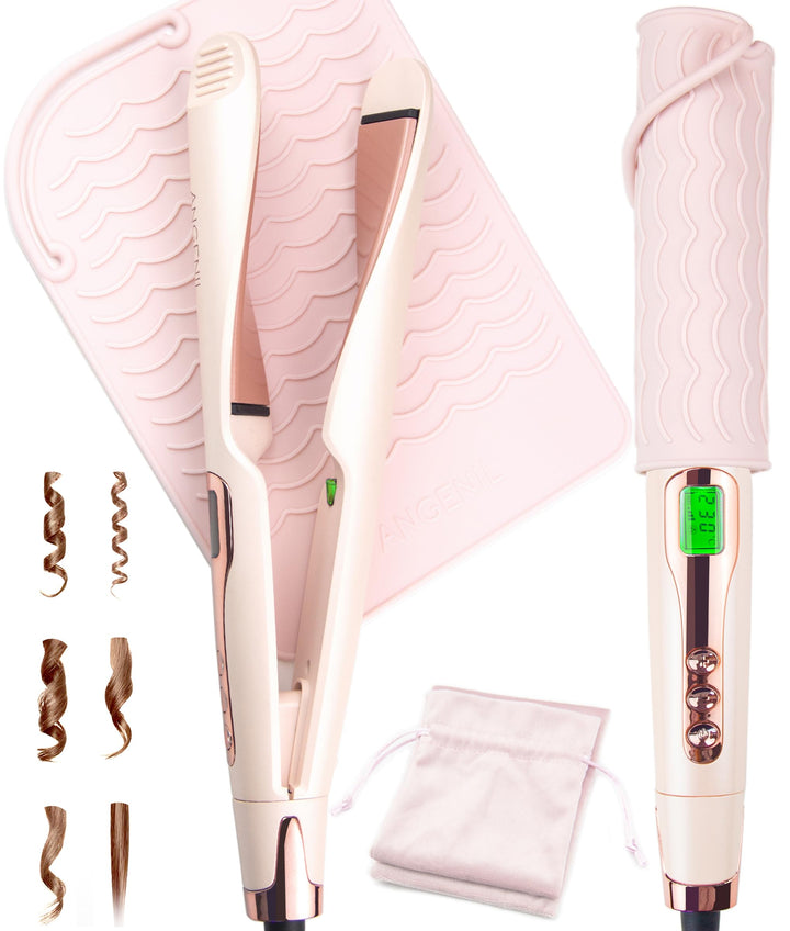 ANGENIL Pro Twist Glätteisen für Damen, 2-in-1 Glätteisen und Lockenstab, rundes, rosafarbenes Haarg