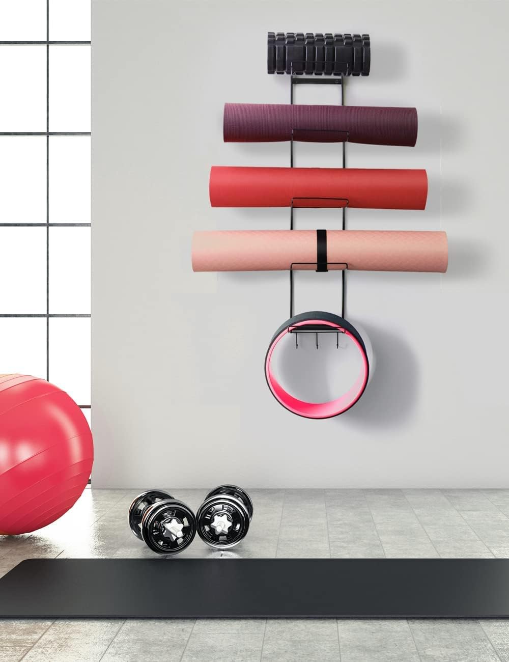 Yogamattenhalter mit 5 Ebenen, Wandhalterung, Metall-Aufbewahrungsregal für Yogamatten/Räder, Schaum