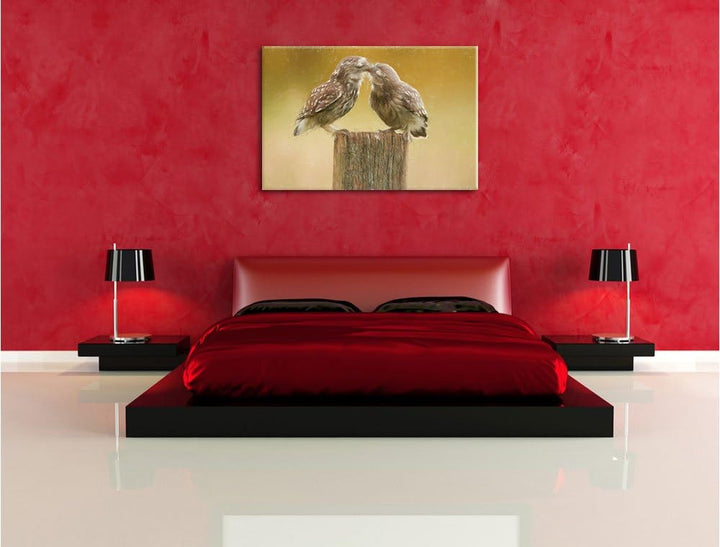 Pixxprint Küssende Eulen / 100x70cm Leinwandbild bespannt auf Holzrahmen/Wandbild Kunstdruck Dekorat