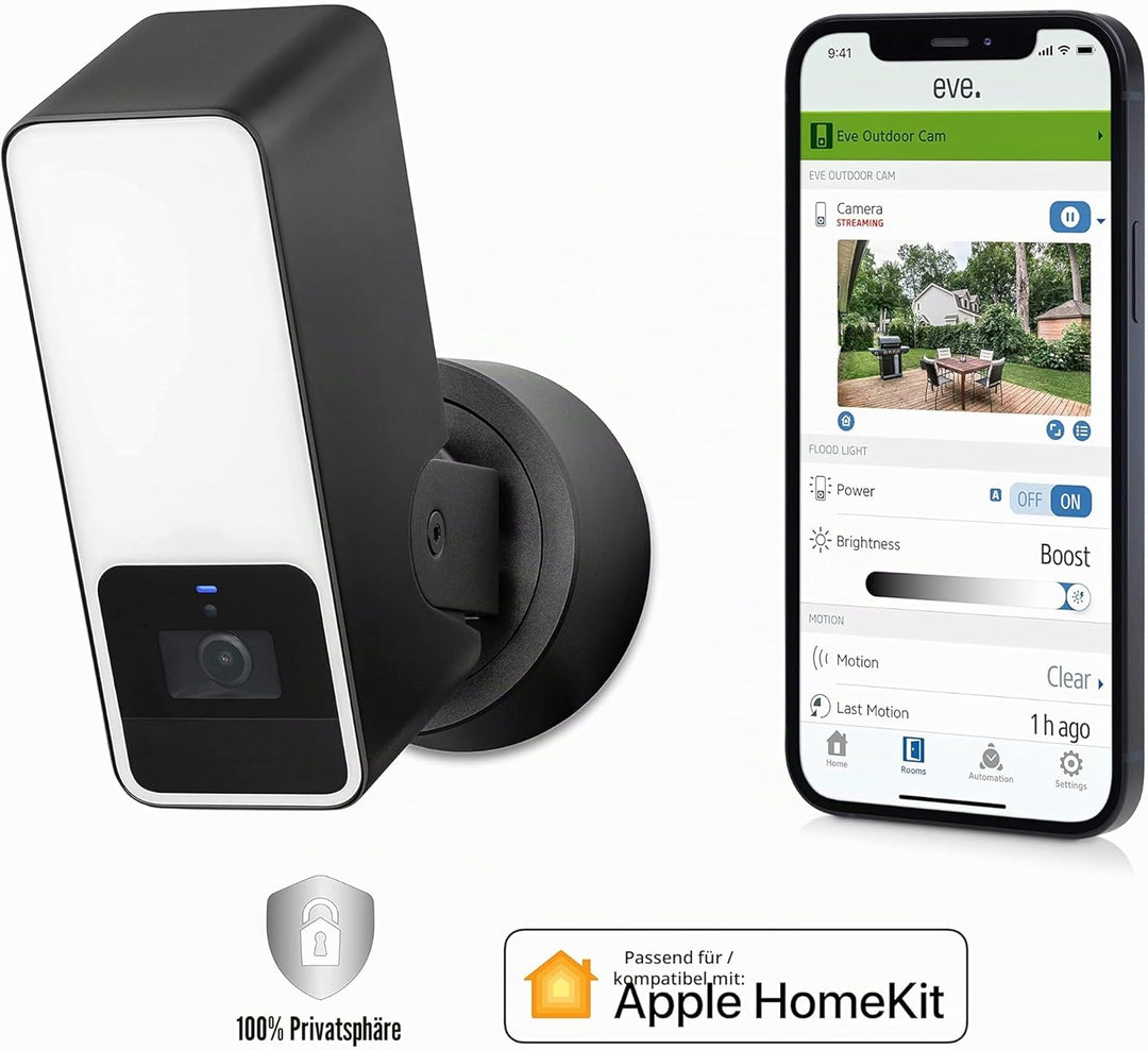Eve Outdoor Cam – Smarte Überwachungskamera mit Flutlicht, Nachtsicht &amp; Energy (Matter) – Smarte Ste
