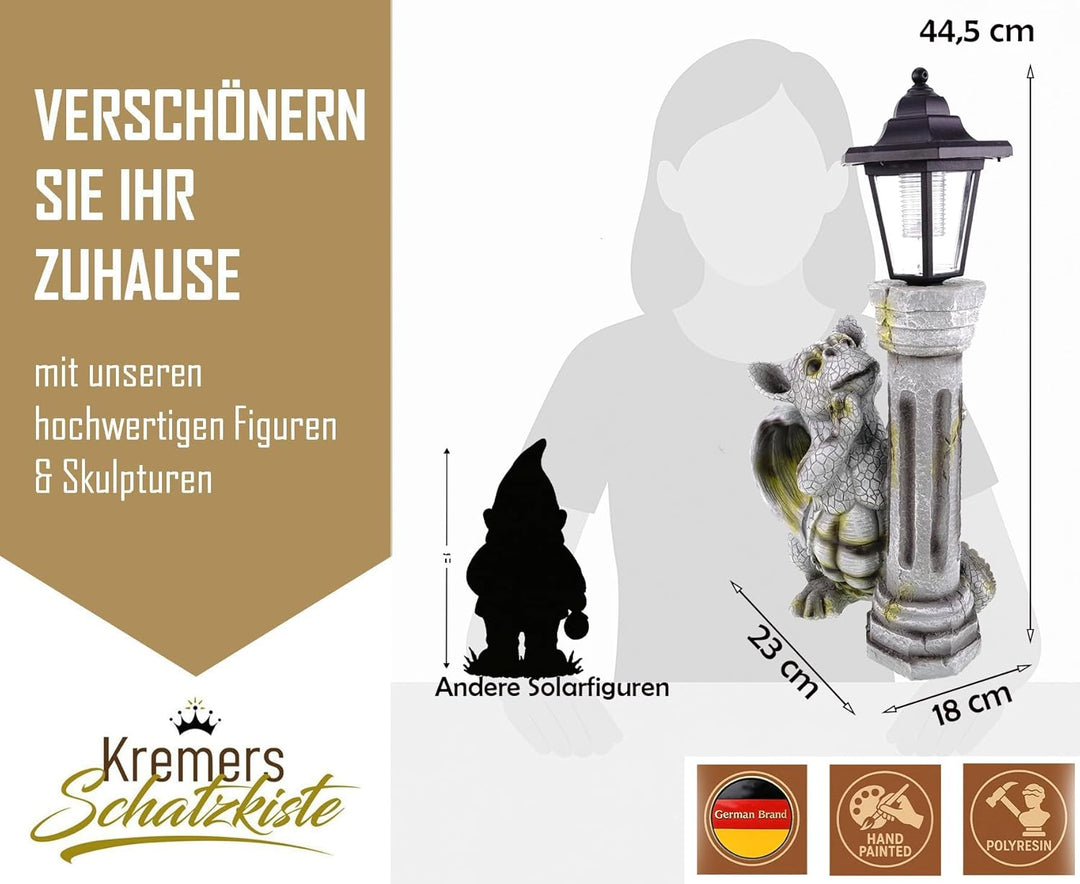 Kremers Schatzkiste Drachenkind mit Solar Laterne Drache Figur Gargoyle Gartenfigur mit Solarlaterne