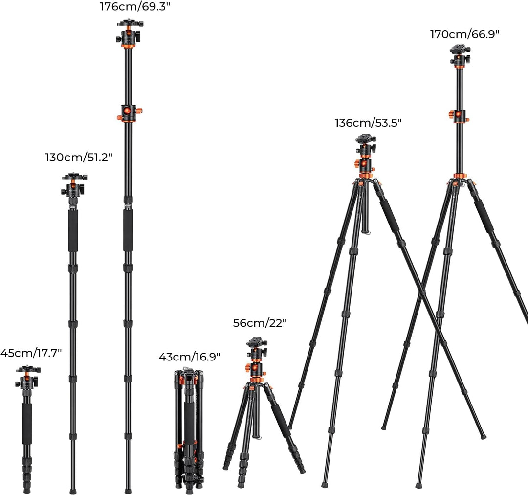K&F Concept 170cm Kamerastativ, Stativ mit 90 Grad Mittelsäulen Einbeinsativ-Funktion, 360° Kugelkop