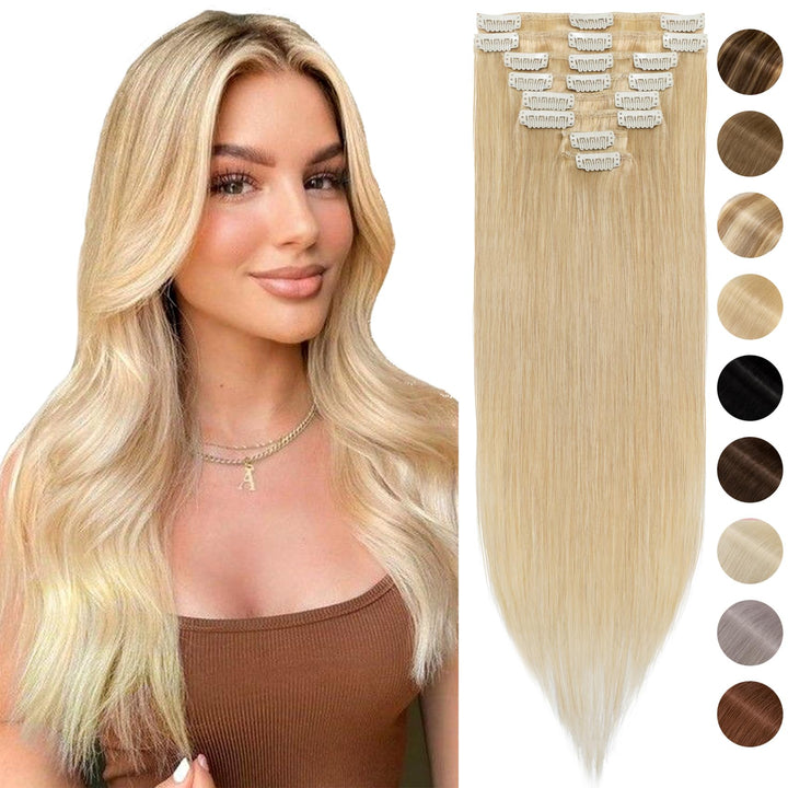 Silk-co Echthaar Clip In Extensions 8 Tressen 18 Clips 75g, Hellblond Hair Extensions, Remy Echthaar