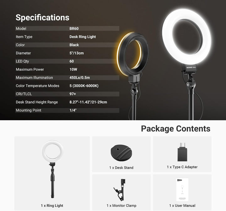 NEEWER Basics 5" LED Tisch Ringlicht mit Ständer, Monitorhalterung, 10W kompatibel mit iPhone, Compu