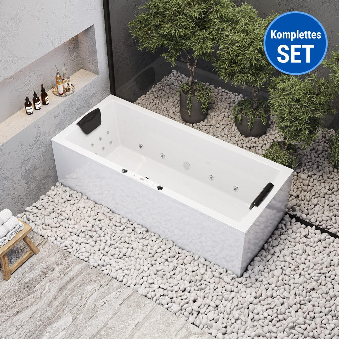 AQUADE Whirlpool Badewanne Wolfsburg Classic 170x75 cm mit LED Whirlpool Beleuchtung & Badekissen fü