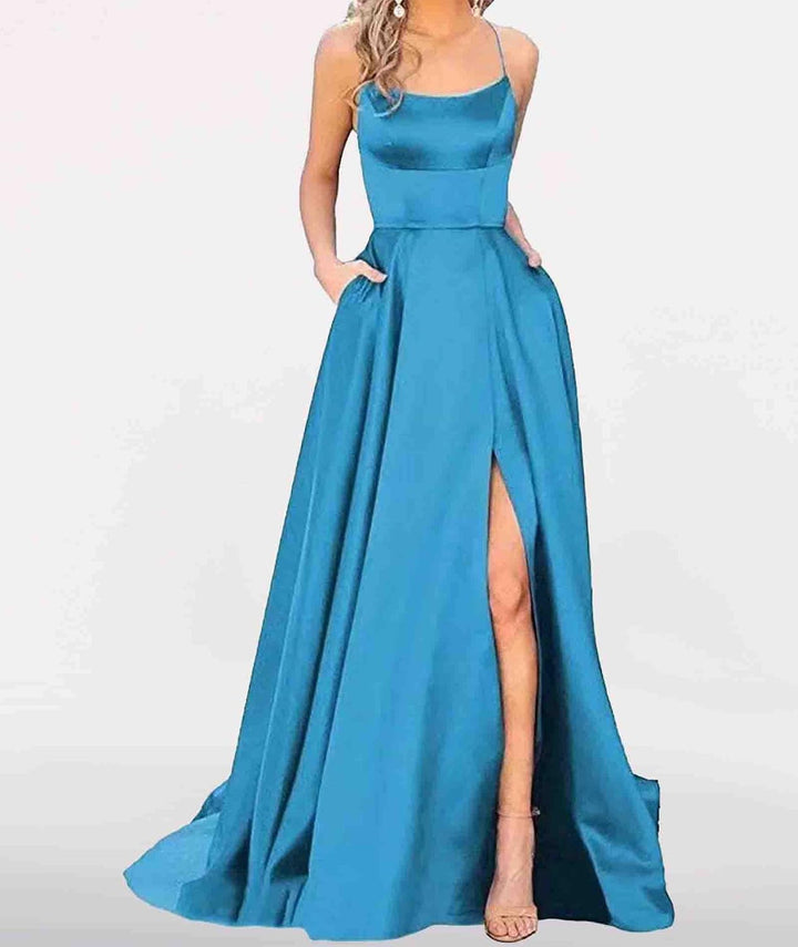 xxxiticat Damen Elegant Lange Ballkleider mit Taschen Satin A-Linie Backless Hochzeitskleid Abendkle