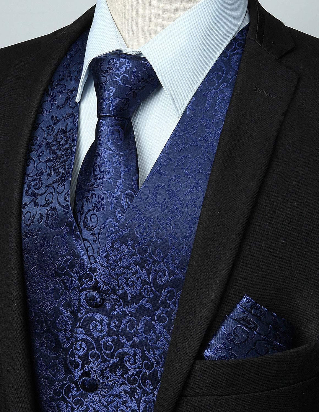 HISDERN Herren FLoral Hochzeit Weste Krawatte Einstecktuch Taschentuch Jacquard Weste Anzug Set XS M