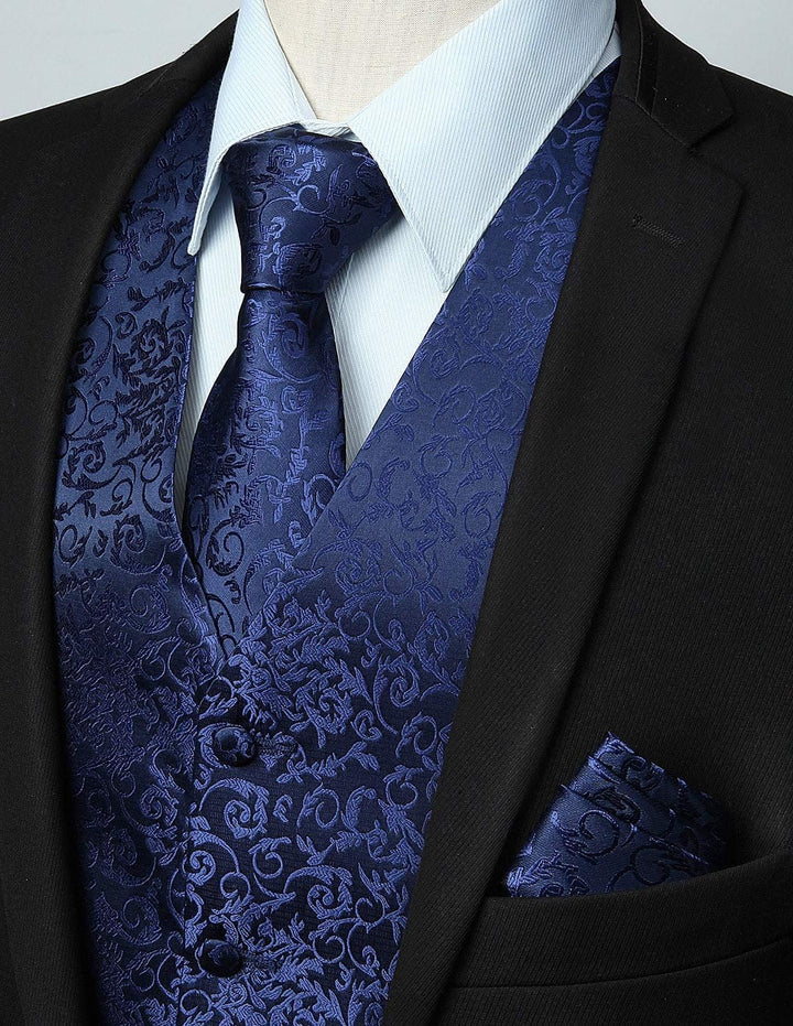 HISDERN Herren FLoral Hochzeit Weste Krawatte Einstecktuch Taschentuch Jacquard Weste Anzug Set XS M