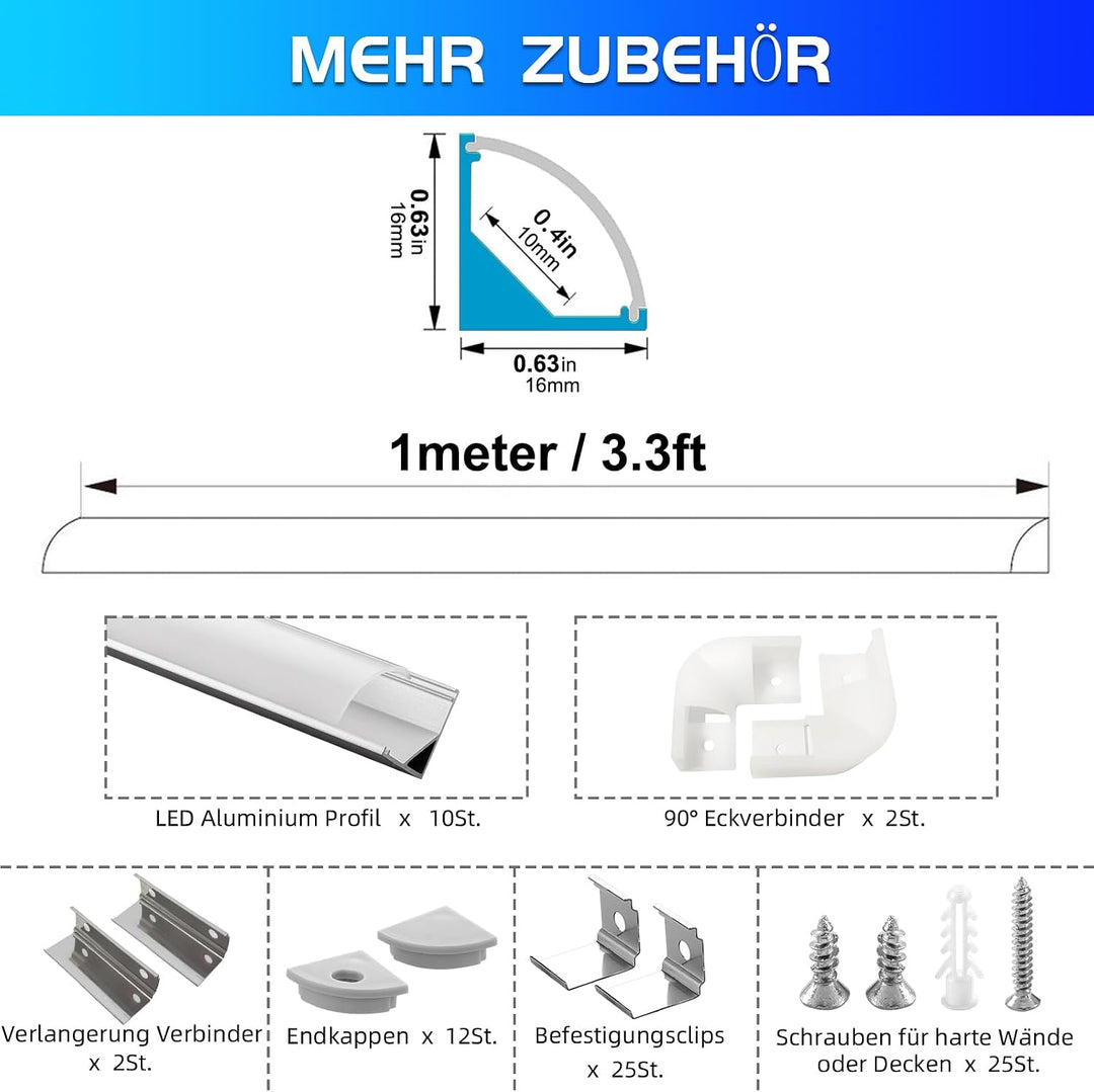 Efishine Pack of 10 LED Profiles Aluminium 10 x 1 m, V-Shape Aluminium Profiles with Milky Cover, En