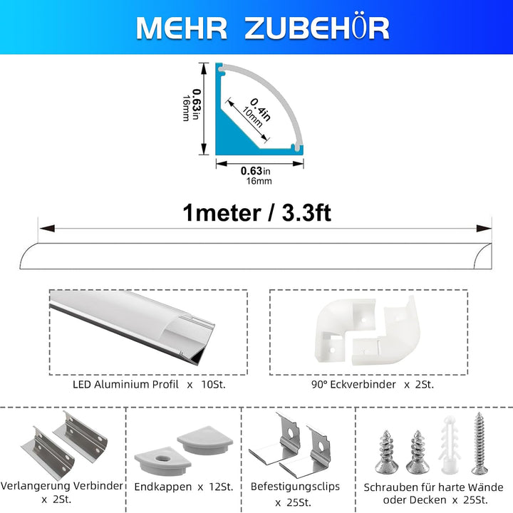 Efishine Pack of 10 LED Profiles Aluminium 10 x 1 m, V-Shape Aluminium Profiles with Milky Cover, En