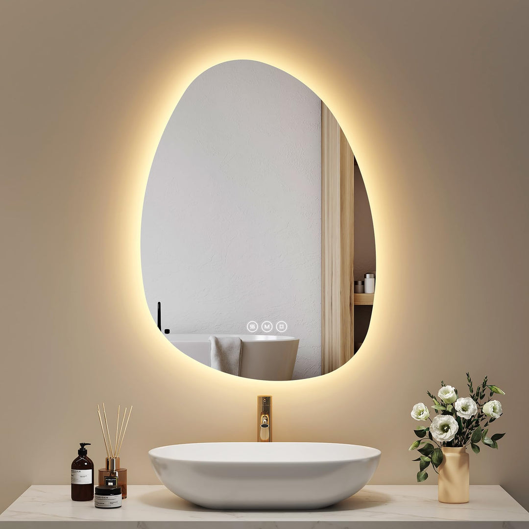EMKE Spiegel mit Beleuchtung Asymmetrischer LED Badspiegel 75 x 55 cm Touch-Schalter, 3 Lichtfarben