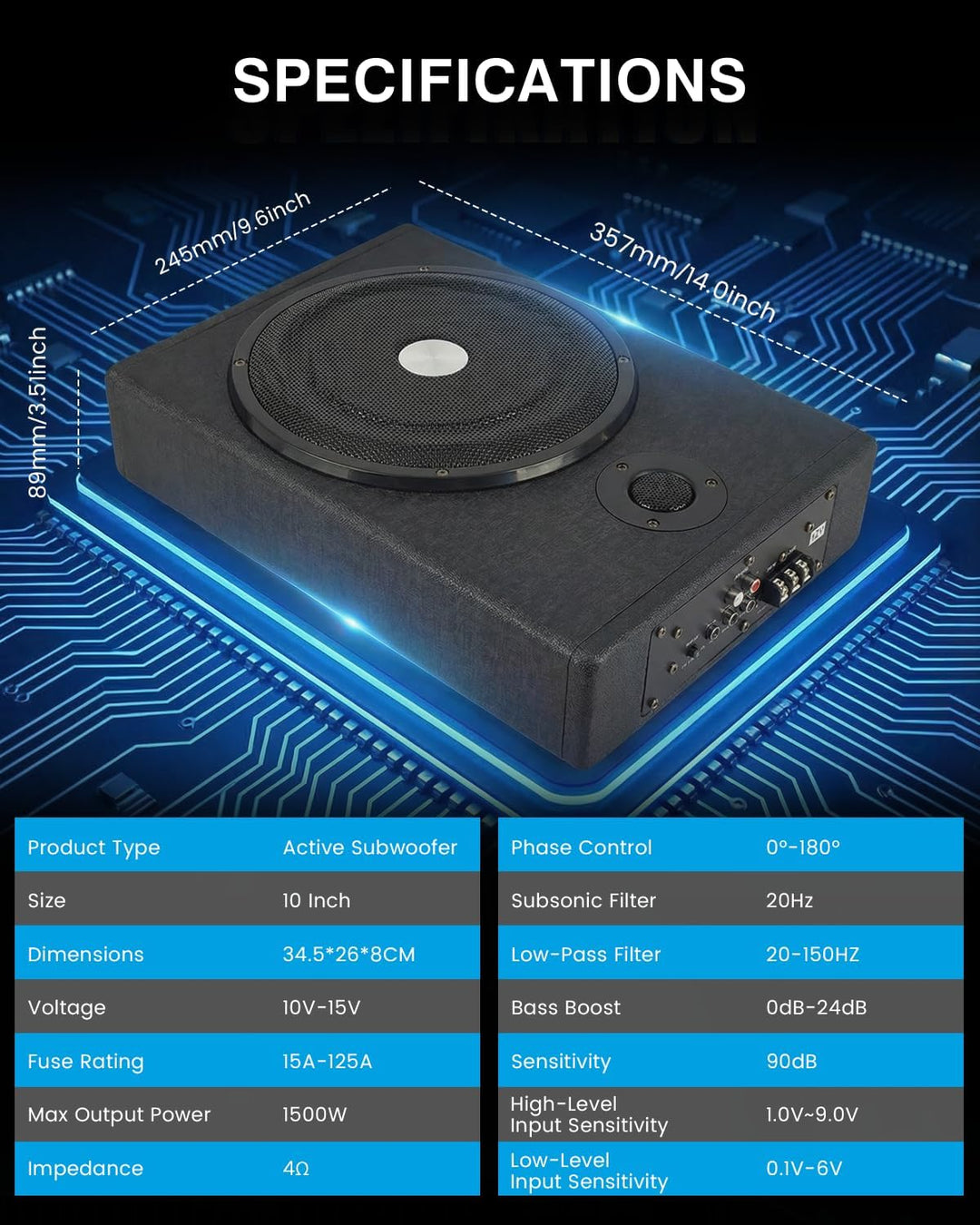 Auto Untersitz Subwoofer Aktiv 1500W, Ultraflach, Hochleistung